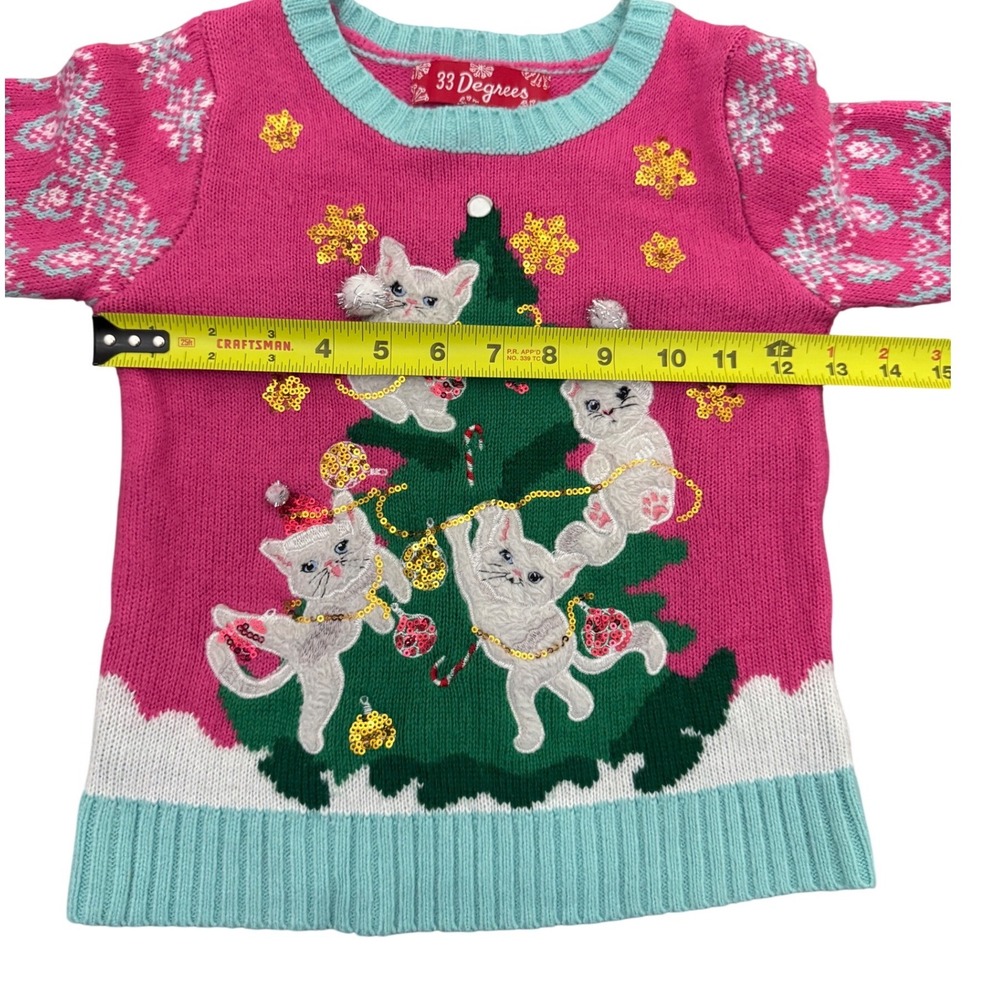 Girls Pink Kitten Christmas Tree Ugly Sweater Sequin XS 6 6X Holiday - Picture 5 of 7